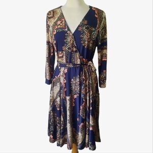 STUDIO JPR Stretch Faux Wrap Dress 3/4 Sleeve Baroque Print Sz L Navy/Multi